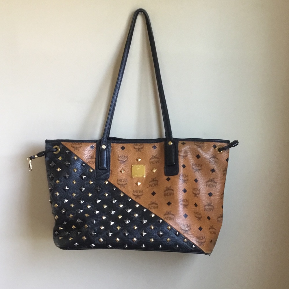Authentic MCM Bicolor Studded Visetos Leather Shopper Tote Bag FLAWED AS IS